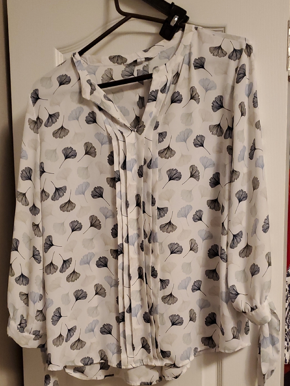 41 Hawthorn White Blouse with Black and Light Gray Leaf Print